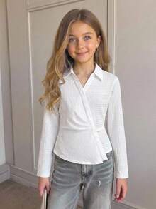 Girlism 青少年女孩休閒百搭優雅學院風白色修身抓皺襯衫，返校穿搭白襯衫 - 白色 - 查看 3