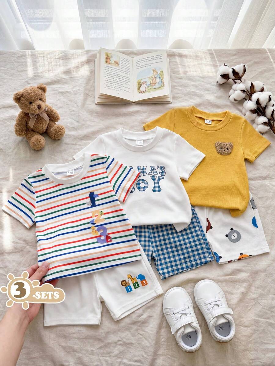 SHEIN Vintaside Kids 男嬰嬰兒多件套裝圓領短袖簡約休閒百搭可愛T恤與百搭時尚休閒短褲套裝,適合外出、露營、野餐、日常休閒、幼兒園上學或度假旅行穿著 - 彩色 - 查看 1