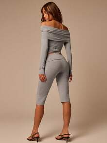 Athîral Women's Casual Sexy Off-Shoulder Long Sleeve Fitted Top And Fold-Over Waist 7/8 Pants 2-Piece Set, Autumn Daily Vacation Date Club Going Out Night Out - Grey - View 2