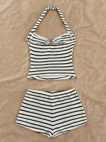 Soleia Women's Striped Ruffle Halter Top And Shorts Casual 2 Pieces Set No Chest Padding - Black and White - View 2