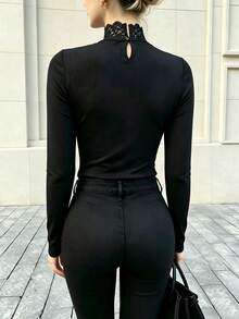 Cévolie Women's Lace Patchwork High Neck Base Layer Top - Black - View 2
