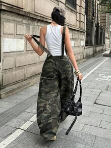 SHEIN 女款迷彩休閒日常穿著牛仔吊背褲 - 彩色 - 查看 2