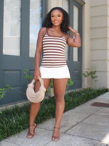 Steph T Round Neck Striped Print Casual Knit Tank Top For Summer Brown - Brown - View 4