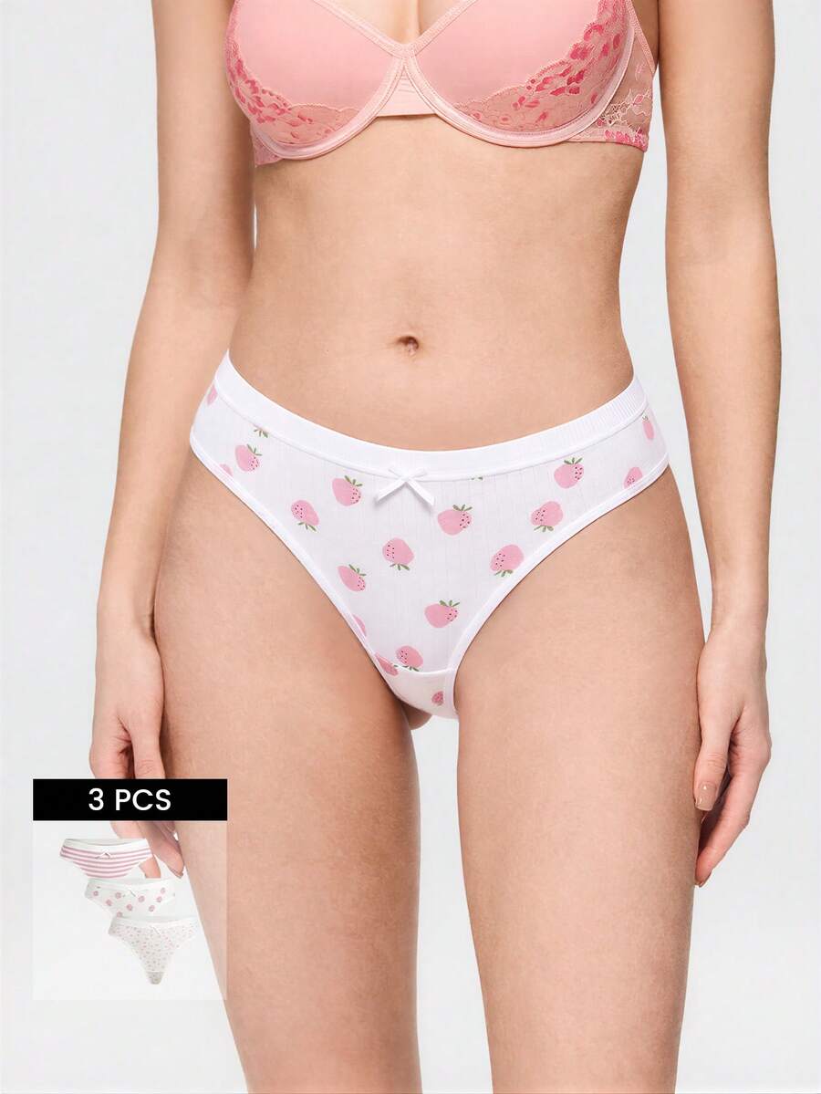 Bonmuse 3 件装女士可爱蝴蝶结丁字裤 - 舒适有弹性,草莓和碎花印花,低腰,柔软粘胶混纺,时尚内衣,内裤 - 彩色 - 查看 1