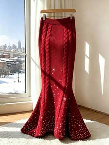 Franclia Women's Rhinestone Decorated Fish Tail Knit Skirt - Red - View 2