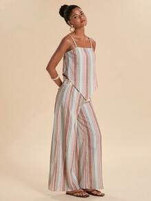 Travachic Vacation Striped Asymmetrical Hem Cami Top And Loose Long Pants 2 Pieces Set - Multicolor - View 5