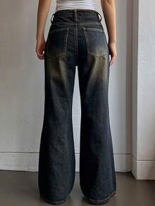 Dazy Tall Celana Jeans Denim Wanita Model Lurus Kasual Jalanan dengan Hiasan Berlian Imitasi untuk Musim Gugur - Medium Wash - View 7