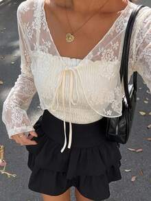 FRIFUL Women's Front Tie Long Sleeve Lace Top Cute Tops - White - View 7