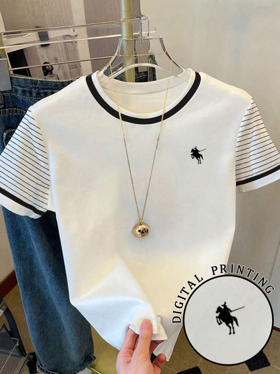 少女复古美式校园经典迷你Logo骑士图案黑白条纹短袖圆领T恤,舒适百搭,适合日常穿着,夏季学院风T恤,春季T恤,青少年紧身美感T恤 - 彩色 - 查看 1