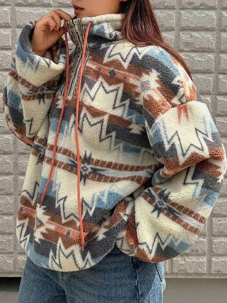Dazy Plus Floral Pattern Half-Open Placket Loose Streetwear Casual Stand Collar Thick Fleece Sweatshirt, Autumn/Winter Vacation - Multicolor - View 1