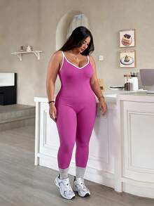 Rhythm Era Jumpsuit Wanita Ukuran Besar dengan Kerah U Bergaris dan Tali Belakang, Celana Panjang Terusan Ketat Tanpa Jahitan untuk Yoga dan Olahraga - Violet Purple - View 3