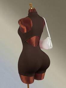 Amplova Women's Simple Zip-Up Drawstring Waist Sports Jumpsuit, Summer Spring&Summer Workout Exercise And Body Shaping, High Elasticity - Coffee Brown - View 3