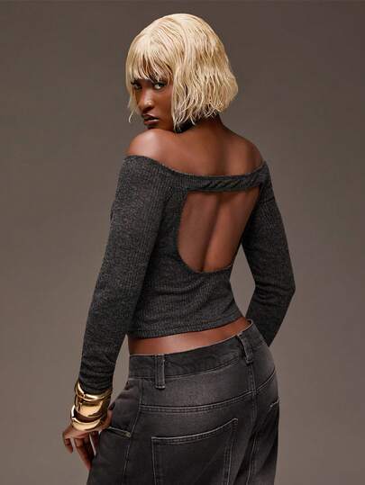 Normani T-shirt femme à col asymétrique, dos nu et manches longues