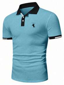 Calvornis Men's Embroidered Logo Decoration Minimalist Daily Short Sleeve Polo Shirt Blue Polo For Mencasual Men Polo Shirtspolo Shirt For Men>Buttonmens Golf Shirtspolo Shirts For Men - Mint Blue - View 3