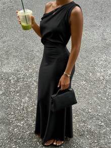 INAWLY Solva Women's Solid Color Asymmetric Neck Casual Party Dress - Black - View 5