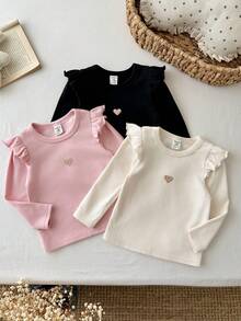 SHEIN 女嬰針織純色圓領荷葉邊下擺愛心圖案休閒上衣 3件套 - 彩色 - 查看 6