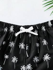SHEIN 儿童/青少年男童休闲百搭舒适椰树印花拼接宽松内衬泳裤沙滩裤 - 黑色 - 查看 5