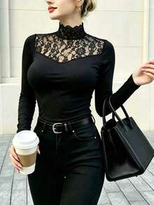 Cévolie Women's Lace Patchwork High Neck Base Layer Top - Black - View 1