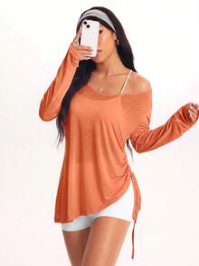 Dewbera Dewbera Women's Solid Color Long Sleeve Side Drawstring Sports T-Shirt - Orange - View 1