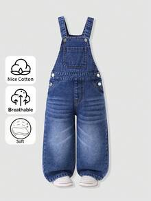 SHEIN 女童牛仔吊帶褲，水洗深藍色牛仔布，方形前口袋配金屬鈕扣，可調節肩帶，寬鬆舒適版型，適合全年日常通勤、校園穿著或休閒出遊，風格偏向日系工裝與復古街頭風，可搭配T恤或襯衫，兼顧舒適與時尚 - 中等水洗藍 - 查看 3