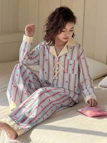 DAZY 青少年女孩條紋櫻桃印花上衣與長褲家居服 - 藍色 - 查看 4