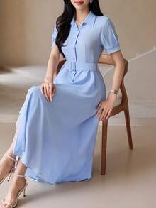 DAZY Spring Summer Autumn Short Sleeve Striped Shirt Dress Women's New Waist-Cinching Dress - Blue - View 9