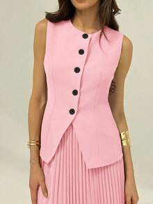 Aloruh Conjunto de 2 piezas para mujer con top sin mangas con botones delanteros y minifalda de unicolor para otoño/invierno - Rosa Pálido - Ver 5