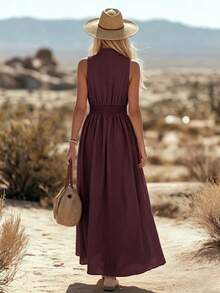 Balvessa Solid Color Sleeveless Long Dress For Vacation And Leisure - Burgundy - View 2