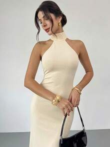 Firerie 女士优雅精致浪漫约会派对舞会婚礼宾客情人节露背蝴蝶结修身黑白长裙，秋冬款 - 杏色 - 查看 3