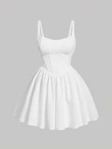 SHEIN MOD Hơn Trắng Chất rắn Áo nịt ngực Kết cấu Váy Dây - trắng - Xem 2