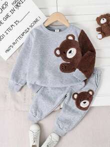 SHEIN Baby Boy Colorblock Patchwork Printed Bear Crew Neck Pullover Sweatshirt - Grey - View 6