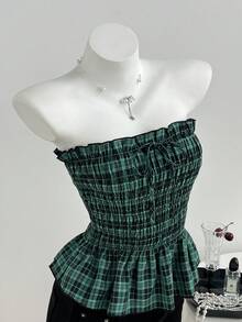 Elamini 春夏女童無肩帶荷葉邊蝴蝶結修身上衣 - 綠色 - 查看 1