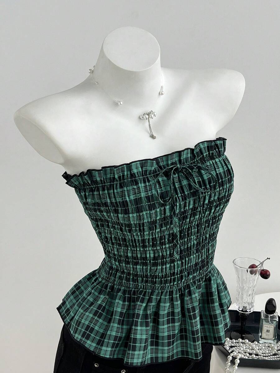 Elamini 春夏女童無肩帶荷葉邊蝴蝶結修身上衣 - 綠色 - 查看 1
