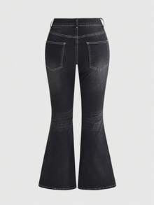 ROMWE Avant Women's Y2K Vintage Thorn Cross & Vine Print Fitted Plus Size Flare Leg Jeans Halloween - Black - View 2