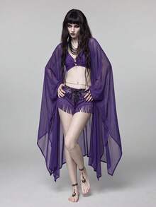 ROMWE Goth 春夏度假海灘風深色哥德風透視蝙蝠袖上衣 - 紫色 - 查看 9