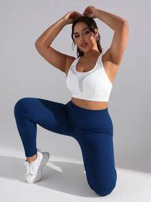 SHEIN Unity Women's Plus Size Navy Blue High Waist Yoga Pants, High Elastic Peach Butt Fitness Yoga Leggings, Back Waist Lift And Shaping Design, Highlighting Buttocks And Waistline - Navy Blue - View 5