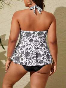 Swim Lushoire Set de 2 piezas Tankini de verano de tallas grandes con estampado de colocación multicolor, tirantes finos y espalda descubierta - Blanco y Negro - Ver 2