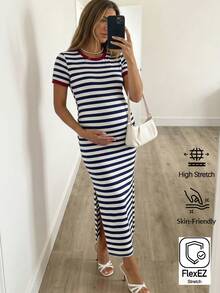 SHEIN 孕婦夏季休閒條紋側開衩洋裝 - 藍白色 - 查看 2