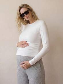 Modmama Autumn And Winter 2pcs Maternity Casual Round Neck Long Sleeve Top And Pants Set - White - View 2