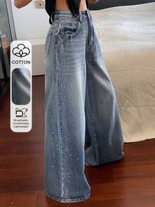 Livesso Tall Celana Jeans Denim Wanita Model Lurus Longgar dengan Hiasan Berlian Imitasi untuk Pemakaian Sehari-hari Kasual di Musim Gugur - Light Wash - View 6