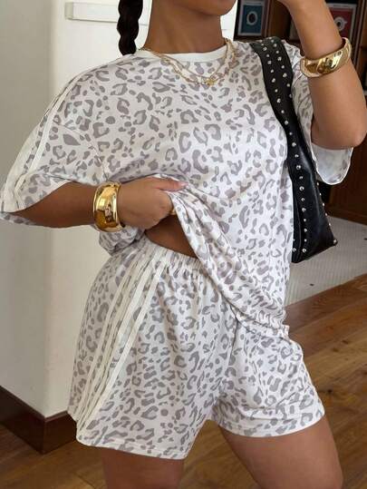 Muchica Casual Plus Size Leopard Print Colorblock Top And Shorts 2-Piece Set For Daily Wear