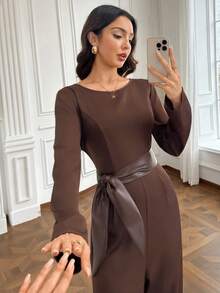 Modelyn Women's Brown Fashion Commute Waist Leather Tie Design Jumpsuit - Brown - View 7