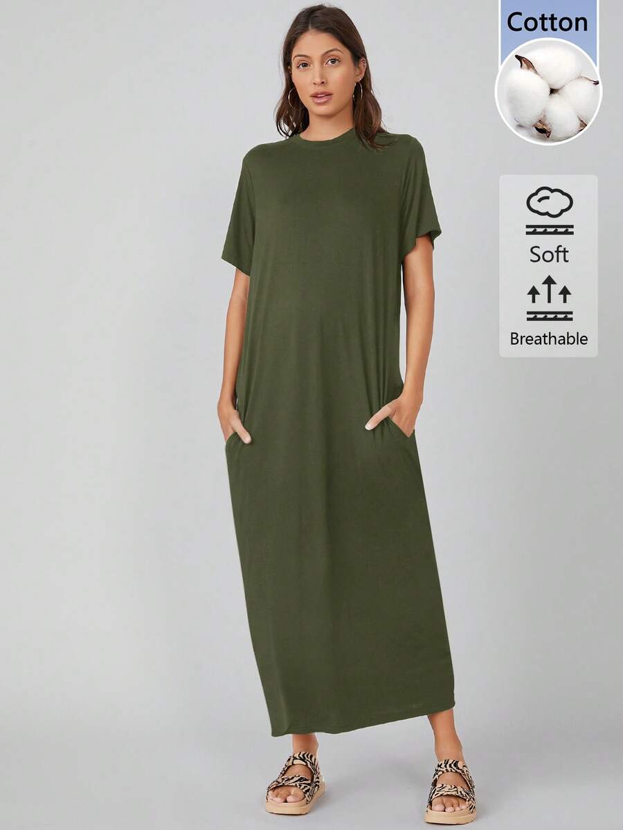 SHEIN BASICS 女款純色休閒基礎款夏季長洋裝,軍綠色,適合日常、白天穿著、旅行度假 - 軍綠色 - 查看 1