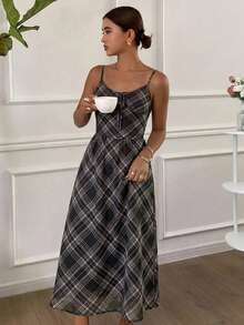 FRIFUL Mesh Plaid Spaghetti Strap Cinched Cinched Waist Full Skirt Casual Versatile Dress Cute Tops - Black - View 8