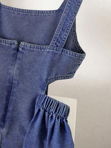 SHEIN Girls' Stylish Denim Suspender Dress, New Summer Design Princess Dress For Children - Dark Wash - View 4