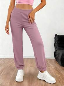 Easithlete Easithlete Celana Jogger Wanita Minimalis Serbaguna Warna Polos untuk Pemakaian Sehari-hari - Mauve Purple - View 5