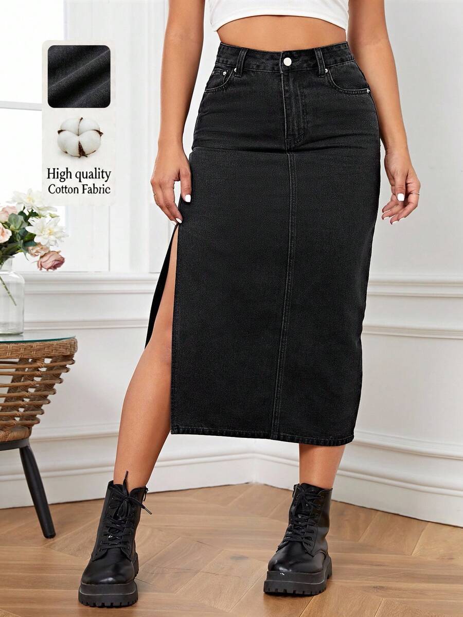 Flexra Plus Size Side Slit Denim Skirt Formal Date Night Black Autumn Casual 1960s - Black - View 1
