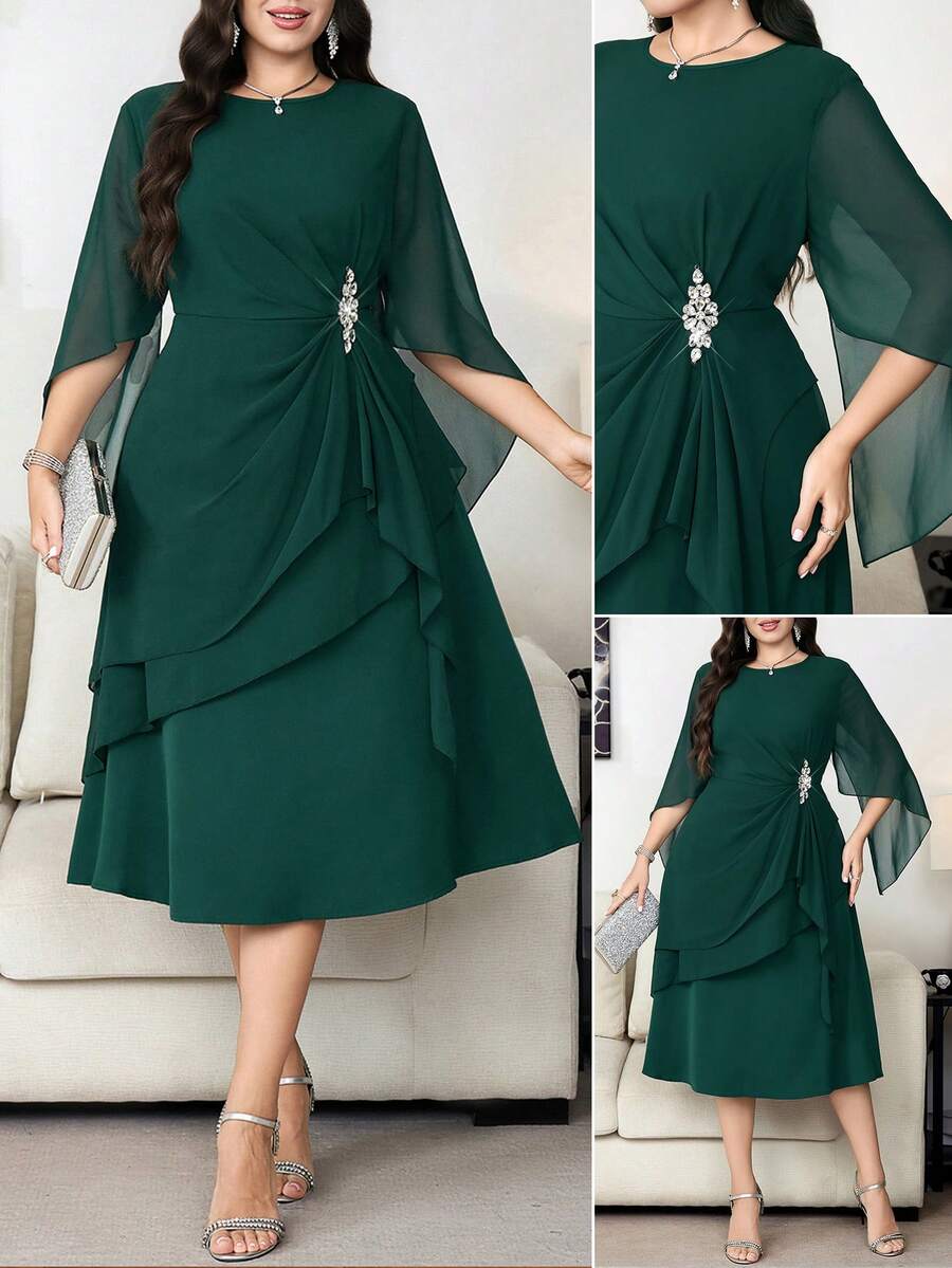SHEIN Clasi Vestido elegante de talla grande para mujer con decoración de strass en la cintura, cuello redondo y bajo con volantes - Verde - Ver 1