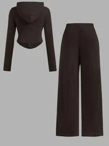 SHEIN 青少年女孩 2件組純色棕色抽繩連帽上衣與寬腿長褲套裝，休閒風格，適合春季/秋季日常穿著 - 棕色 - 查看 3