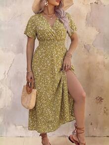 Roveilla Plus Size Dress With Ditsy Ditsy Floral, V-Neckline And Cinching Waist Maxi Women Outfit Wedding Guest Dinner Emerald Green Summer Casual Safari - Yellow - View 3